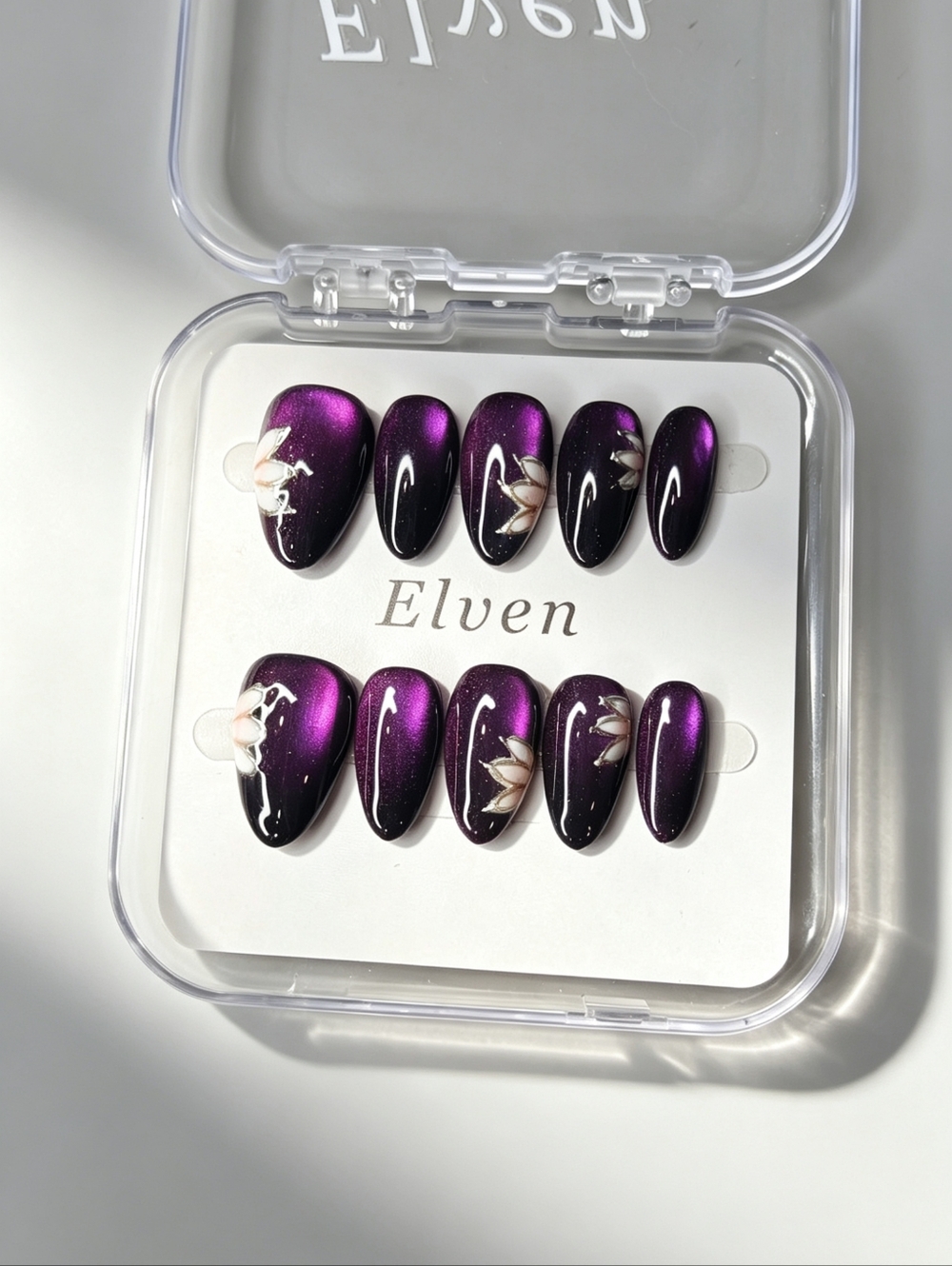 Elven Purple and Black Cat Eye Handmade Press On Nails With Floral Short Almond